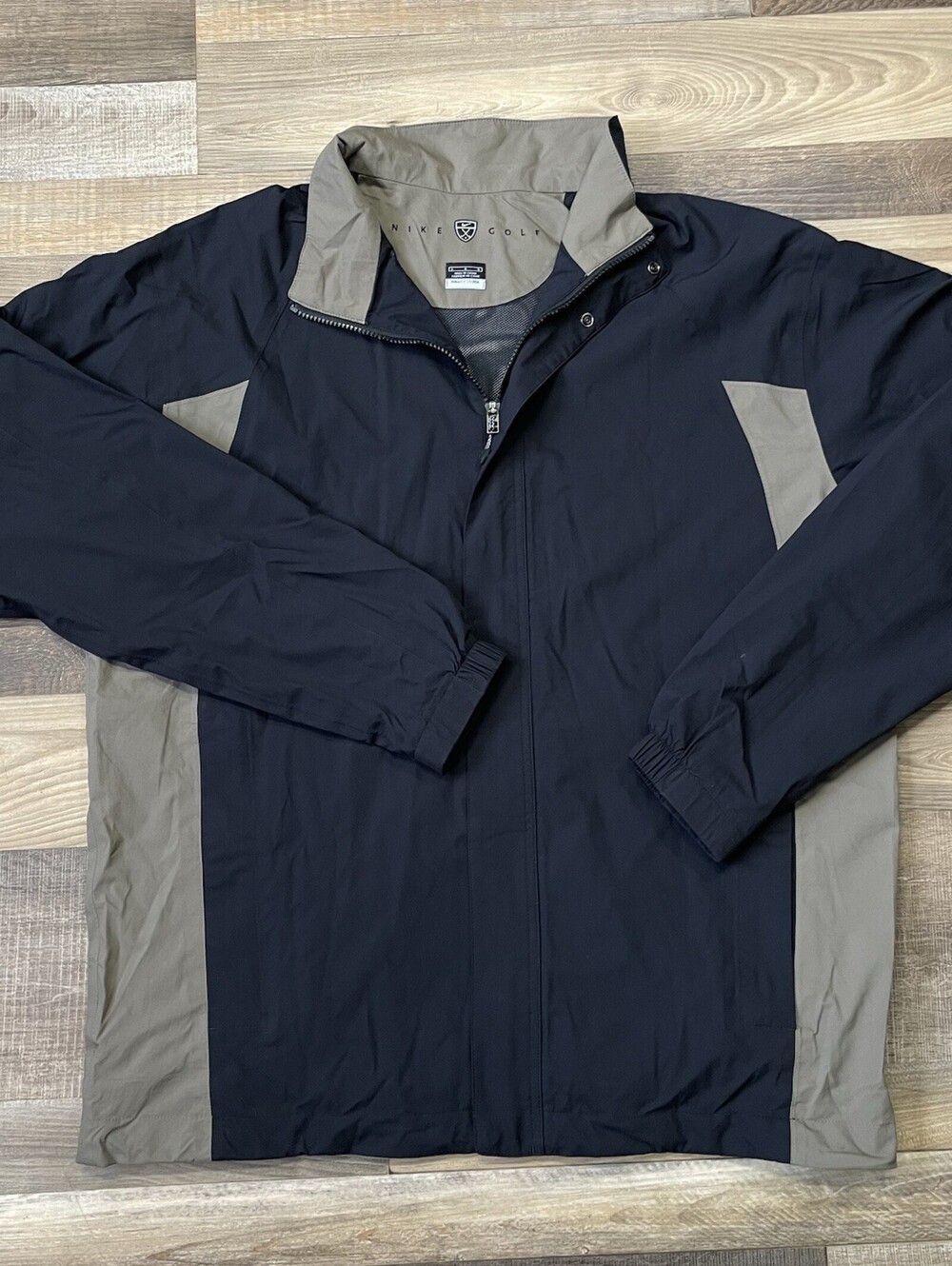 Nike Golf Fit Storm Men’s Large Full Zip Windbreaker Jacket Navy Gray And Tan